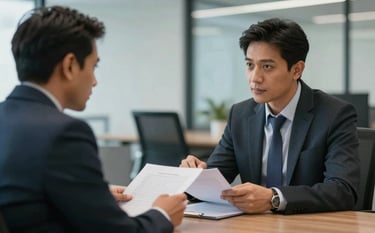 A professional business consultation scene in a modern Karachi office. Two financial advisors in business attire are discussing documents, reflecting trust and integrity. The atmosphere is sophisticated with soft lighting, incorporating the corporate colors #1A322C and #F7F9F8.