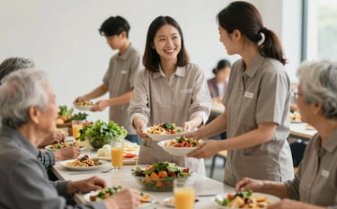 A compassionate scene showing food distribution in a clean, organized community setting. Volunteers in professional attire are serving nutritious meals to elderly people. The mood is respectful and trustworthy. The color palette includes #856F5E and #FDFBF8 in the surroundings and fabrics.