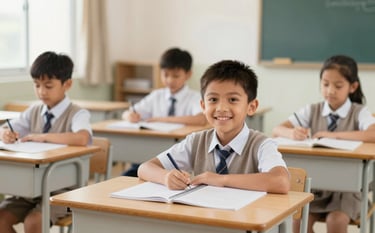 A clean and professional photograph of children in a bright classroom in Bangalore. They are smiling and engaged with school supplies. The lighting is soft and natural. The scene conveys a sense of hope and progress, incorporating soft beige and brown tones from the brand palette in the furniture and clothing.