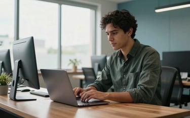 A focused software developer in a modern, light-filled South American office, working with a clean, high-end laptop on a wooden desk. Natural lighting from large windows, professional atmosphere, subtle use of dark green and light blue in the room's decor.