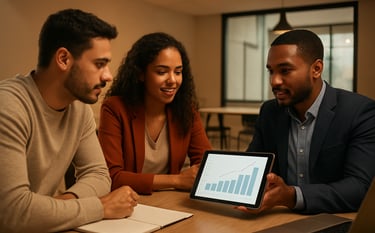 A collaborative meeting of three Brazilian professionals in a minimalist co-working space. They are discussing data on a tablet, surrounded by a modern interior with clean lines, representing growth and strategic planning. Lighting is warm and energetic.