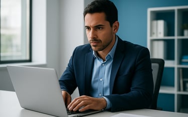 A focused South American marketing professional working on a laptop in a bright, modern office with blue and white accents. The scene is clean and professional, with natural light coming through a large window, creating a trustworthy and innovative atmosphere.
