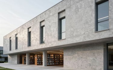 A modern North American / International university library or architectural building with clean lines and soft silver concrete walls. The lighting is bright and even, conveying a sense of knowledge and precision. The style is sophisticated and minimalist.