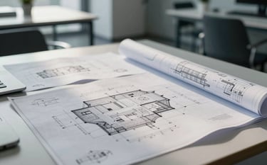 A refined and modern architectural office in Bratislava, featuring sharp blueprints and technical drawings spread across a large desk. The scene is illuminated by soft natural light, conveying a sense of precision and trustworthiness in steel blue and off-white tones, Central European style.