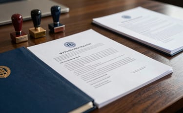A refined meeting room in Bratislava showing a close-up of professional legal building documents and stamps on a dark wood table. The style is professional and trustworthy, utilizing a deep blue and off-white color palette, Central European context.