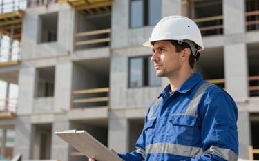 A professional construction expert in a white hardhat and steel blue safety gear inspecting a modern Central European building site in Bratislava. Sharp lighting highlights the technical details of the structure, reflecting high standards and reliability.