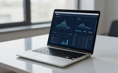 A clean, high-end professional desk setting with a laptop displaying a sophisticated financial dashboard. Natural light from a large window reflects off a glass surface. The color palette includes deep blues and soft greys, echoing #1A2F3D and #96AAAC, creating a mood of absolute financial control.