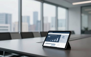 A wide shot of a modern board room with a blurred city skyline through large windows. On the table, a tablet displays upward trending charts and growth metrics. The atmosphere is professional, visionary, and features the brand's premium palette of #1A2F3D and #F8F9FA.
