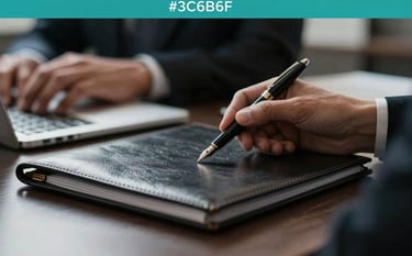 A close-up of a professional business meeting focusing on a sleek leather folder and a high-quality fountain pen. The lighting is focused and dramatic, highlighting textures. Subtle teal accents (#3C6B6F) are visible in the background, conveying expert tax navigation and compliance.