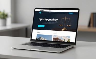 A high-end laptop on a minimalist desk displaying a sleek, dark-themed website for a law firm. The screen features clean typography in white and accents of #06B6D4. Professional, luxury office lighting with soft shadows.