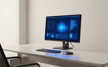 A professional studio shot of a sleek, minimalist tech workspace in a modern North American / US office. Soft off-white lighting with deep blue accents. The focus is on a high-tech glowing interface on a clean desk, reflecting artistic innovation.