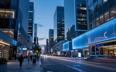 A wide-angle professional photograph of a futuristic neon-lit city street in a North American / US metropolis at dusk. The scene features deep blue and bright blue light reflecting off sleek surfaces. High-end architectural design with a moody, visionary atmosphere.
