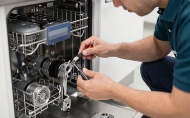 Close-up of a professional technician in a branded dark teal polo shirt repairing a complex industrial dishwasher in a clean, modern kitchen environment. Focus on hands with specialized tools. Bright, professional lighting, Central European context.