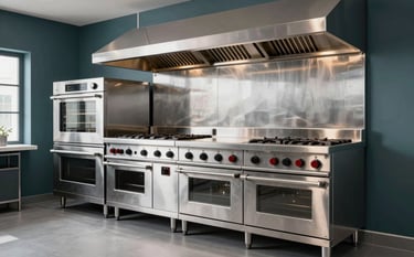 Showroom with high-end stainless steel commercial kitchen equipment, including professional ovens and cooking ranges. Elegant lighting reflecting off polished surfaces. Modern Central European interior with dark teal and gray accents.