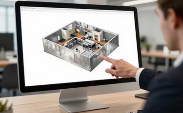 Detailed architectural 3D plan of a professional restaurant kitchen on a computer screen in a modern office in Prague. A hand in a professional suit points at a stainless steel stove layout. Soft natural light, premium corporate atmosphere, Central European setting.