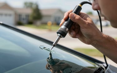 A close-up photograph of a professional technician in the US using a specialized precision tool to inject clear resin into a small windshield chip. The lighting is bright and clear, emphasizing the restoration of the glass. The background shows a clean North American suburban environment.