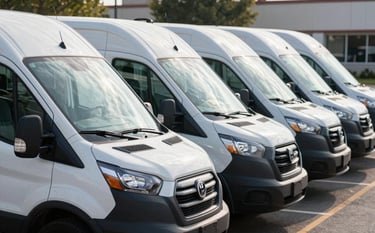 A row of clean, professional service vans parked at a North American business park. The morning light reflects off the perfectly clear, spotless windshields. The style is modern and clean, conveying reliability and corporate safety standards.