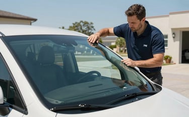 A wide-angle photography shot of a technician in the US professionally installing a new, large, crystal-clear windshield onto a modern vehicle. The scene is bright and professional, set in a clean driveway. The colors are crisp, featuring sky blue and off-white tones.