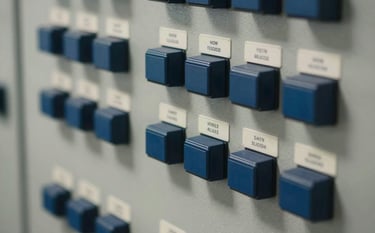 A close-up shot of a sophisticated electrical control panel with various steel blue switches and soft off-white labels. The lighting is crisp and authoritative, emphasizing technical precision and modern industrial innovation.