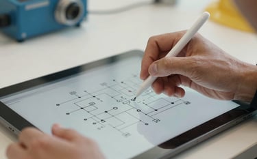 A high-resolution close-up photograph of a professional engineer's hand using a digital stylus on a tablet displaying a complex electrical schematic. The lighting is bright and clean, reflecting an office with soft off-white walls. Hints of steel blue equipment are visible in the blurred background.