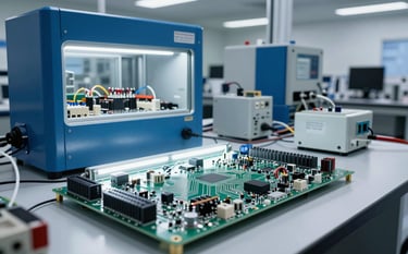 A professional wide-angle shot of a modern electrical engineering lab. In the foreground, a large circuit board is illuminated by cool white light. The color palette features deep blue and steel blue accents on the machinery, set against a clean, technical environment.