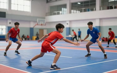 A group of young athletes in red and blue sports gear practicing Kabaddi moves on an indoor court in Brampton. The lighting is bright and fresh, capturing a dynamic action shot of a young raider reaching for the line. The environment is modern and energetic, reflecting a professional sports academy.