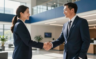 A medium shot of a professional handshake between two professionals in a sleek North American tech hub lobby. Sunlight illuminates a clean environment with navy blue architectural accents. The style is sharp, modern, and conveys trustworthy partnership.