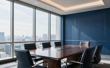 A professional interior shot of a clean, modern North American corporate boardroom with floor-to-ceiling windows. Natural sunlight fills the room, reflecting off a polished conference table. The atmosphere is efficient, authoritative, and sophisticated, incorporating deep blue and white tones.