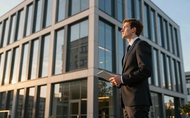 A professional property manager in smart attire inspecting a modern corporate building exterior in Germany during the golden hour. Sharp focus on high-quality architecture, deep black reflections, and golden light accents.