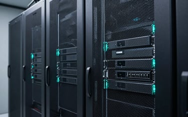 Clean, professional photography of a modern server room with subtle teal accent lighting, representing high-end telecommunications, located in the North American Great Lakes region.