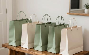 A collection of premium retail shopping bags in shades of pistachio green and soft cream white, sitting neatly on a wooden bench inside a bright, modern North American / US home entryway. Clean and organized aesthetic.