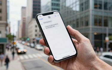 A high-angle photography shot of a smartphone in a person's hand in a North American metropolitan area, showing a clear, professional political text message notification. In the background, out-of-focus city streets and glass office buildings reflect a sophisticated blue and off-white color scheme.