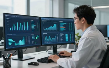 A professional researcher in a modern North American office setting, analyzing complex data visualizations and demographic charts on large dual monitors. The room is filled with soft, natural morning light, featuring a palette of deep navy blue and cool teal tones.