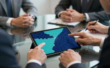 A close-up shot of a strategy meeting around a glass table in a North American corporate boardroom. Hands are pointing to a tablet screen displaying a color-coded electoral map in navy blue and teal. The atmosphere is focused and authoritative.