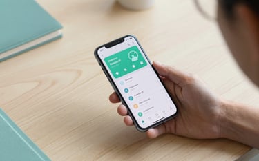 A top-down view of a minimalist workspace in an International / Global city. A person uses a sleek Android smartphone showing a productivity app with a clean interface. The scene features light wood and teal accents under bright, natural daylight.