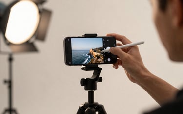 A modern studio setting with a smartphone on a tripod. An artist is using a stylus to edit a high-quality photograph on a mobile creative app. International / Global atmosphere with professional, warm lighting and off-white background.