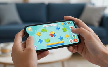 A close-up shot of hands holding a mobile device playing a colorful, engaging puzzle game in a bright, modern lounge. International / Global setting. Soft focus on background with deep blue and light cyan color palette.