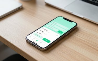 A high-angle professional shot of a sleek smartphone on a light-colored wooden desk in a modern North American office setting. The screen displays a sophisticated mobile dashboard with mint green accents. Soft natural light illuminates the clean workspace.