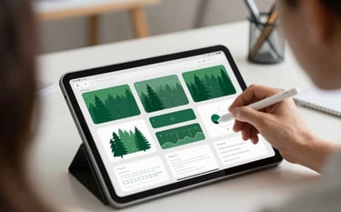An over-the-shoulder view of a creative designer using a digital stylus on a tablet in a bright, modern US-based studio. The tablet shows clean UI/UX wireframes with forest green highlights. Professional atmosphere with soft bokeh background.