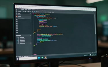 A close-up of a high-resolution computer monitor in a dark, professional tech office in the US. The screen displays lines of clean code and testing logs. Subtle dark green lighting creates a focused and innovative mood.