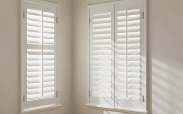 Elegant white plantation shutters installed in a bright bedroom. The louvers are partially open, creating a beautiful play of light and shadow on a cream wall #F9F7F3. The style is classic and clean, reflecting a high-end interior design aesthetic.