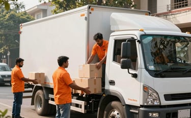 A professional team of South Asian / Indian logistics experts in orange uniforms loading organized boxes into a clean, modern white truck. The setting is a residential street in New Delhi, captured in bright morning sunlight with a premium cinematic style.