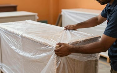Close-up of South Asian / Indian professional movers wrapping high-end wooden furniture in protective soft white sheets and bubble wrap. Clean, organized indoor warehouse setting with warm orange lighting.