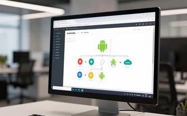 A professional photograph of an innovative software development environment. A sleek monitor in the foreground displays a sophisticated yet simple Android backend structure. In the background, a blurred modern office space with clean lines. Global / Tech-focused.