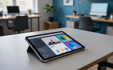 A vibrant, wide-angle photograph of a creative studio space. A high-resolution tablet sits on a polished desk, showing a fun and innovative application layout. The room is decorated with subtle Steel Blue accents and modern furniture. Global / Tech-focused.