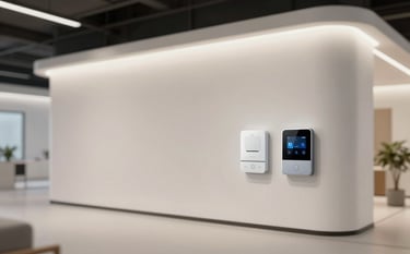 A high-end architectural lighting and electrical project setup inside a newly built commercial space. The image features pristine off-white (#F5F8F7) walls, glowing ambient light, and visible smart home automation hubs. It communicates advanced technical expertise and modern premium design.