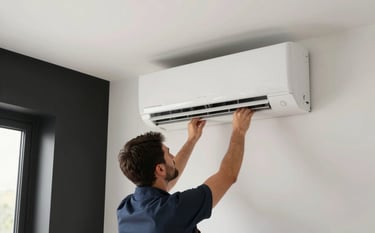 A modern HVAC technician carefully installing a premium, minimalist air conditioning unit in a luxury home. The lighting is bright and natural, reflecting an off-white (#F5F8F7) interior with sophisticated black (#0F1F23) architectural details. The technician exudes expertise and high-standard efficiency.