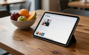 A close-up photography shot in a cozy, sun-drenched North American cafe. A professional wooden table holds a tablet showing a social media content calendar next to a bowl of fresh, colorful seasonal fruit. Soft morning light, sophisticated and authentic atmosphere.