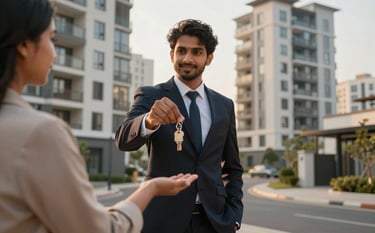A professional property manager handing over keys to a client in front of a modern South Asian residential building complex. The lighting is golden hour, highlighting a sense of achievement and reliability.