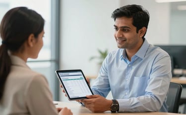 A professional South Asian property manager in a modern office, showing a digital rental report on a tablet to a satisfied property owner. The setting is bright and professional with a soft blue and off-white color palette.